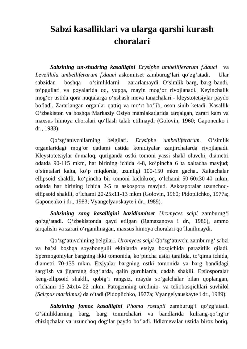 Sabzi kasalliklari va ularga qarshi kurash choralari