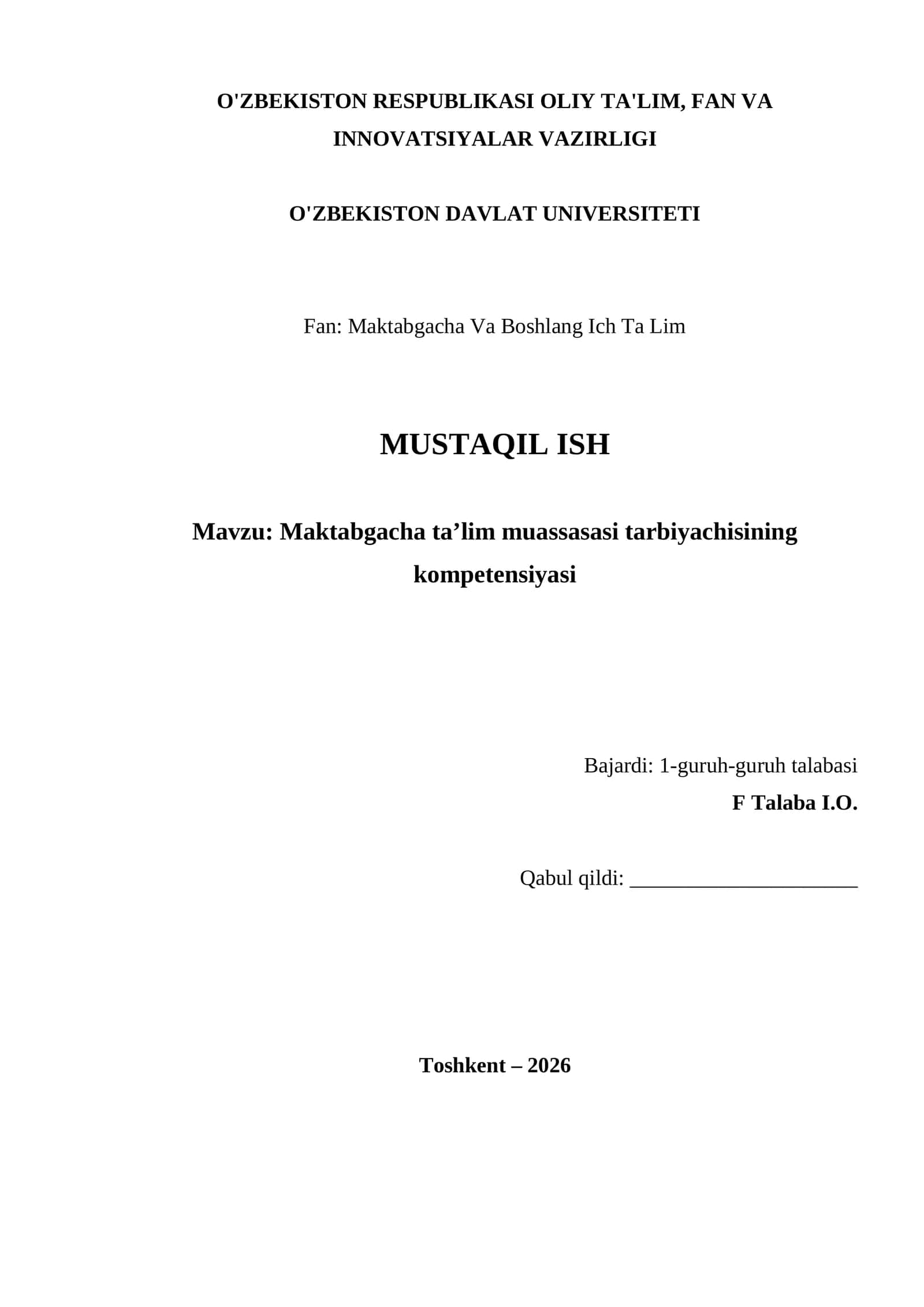 Maktabgacha ta’lim muassasasi tarbiyachisining kompetensiyasi