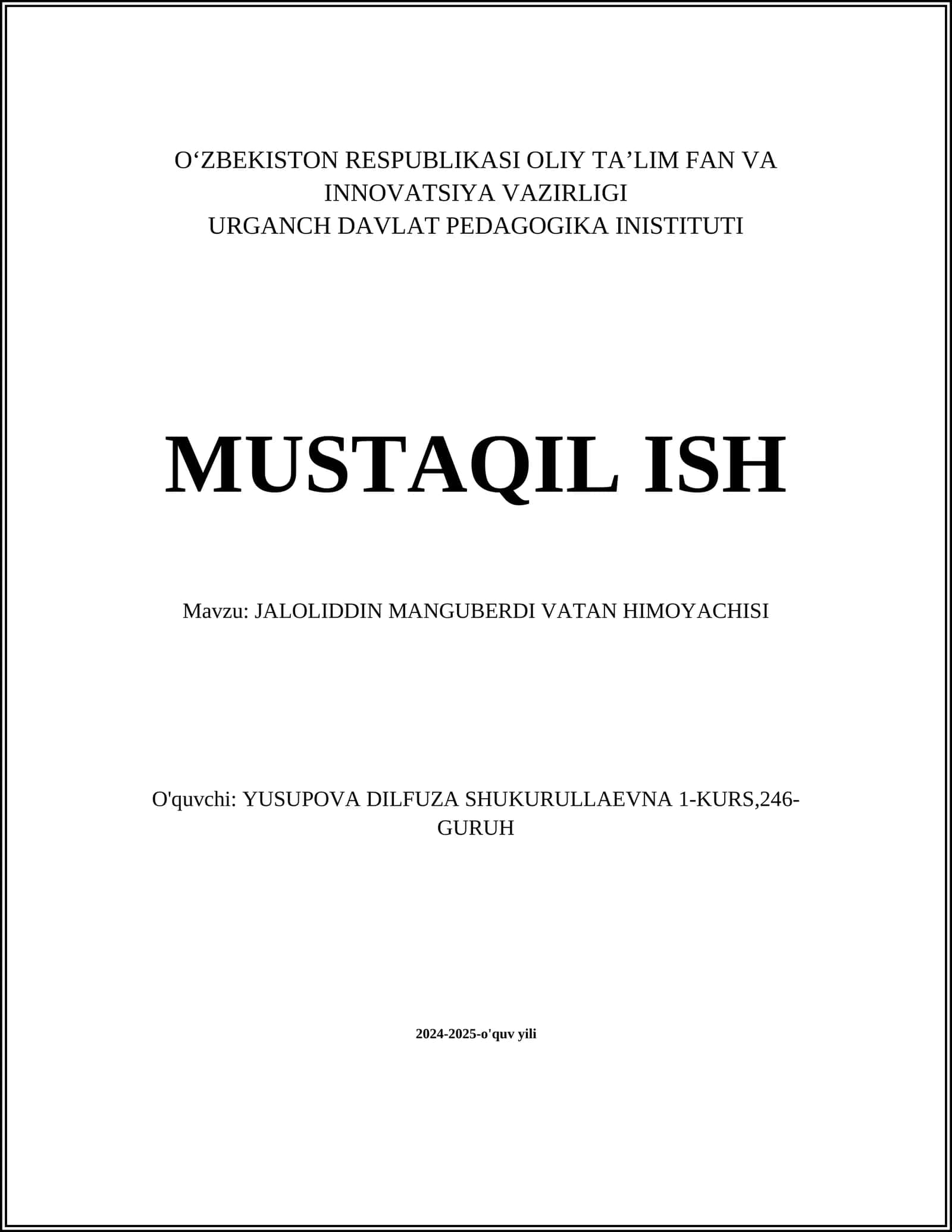 JALOLIDDIN MANGUBERDI VATAN HIMOYACHISI