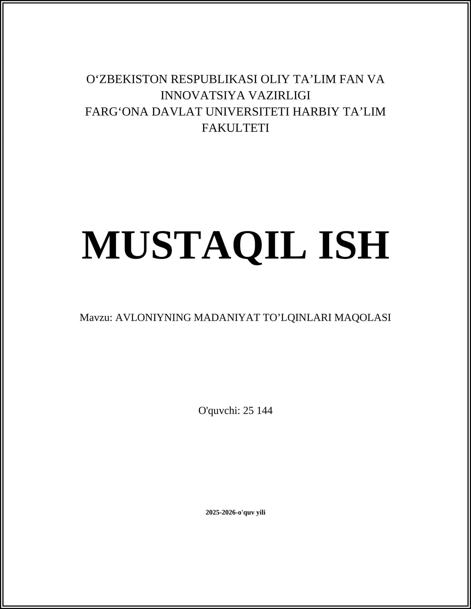 AVLONIYNING MADANIYAT TOʼLQINLARI MAQOLASI