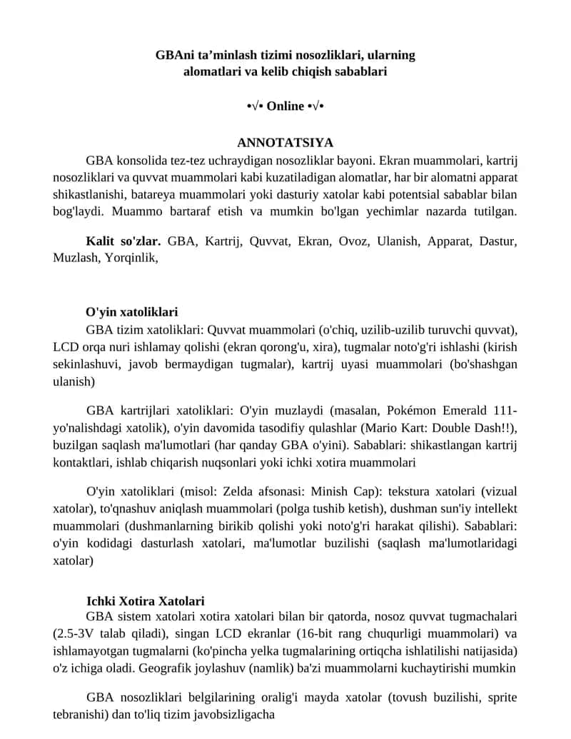 GBAni ta’minlash tizimi nosozliklari, ularning alomatlari va kelib chiqish sabablari