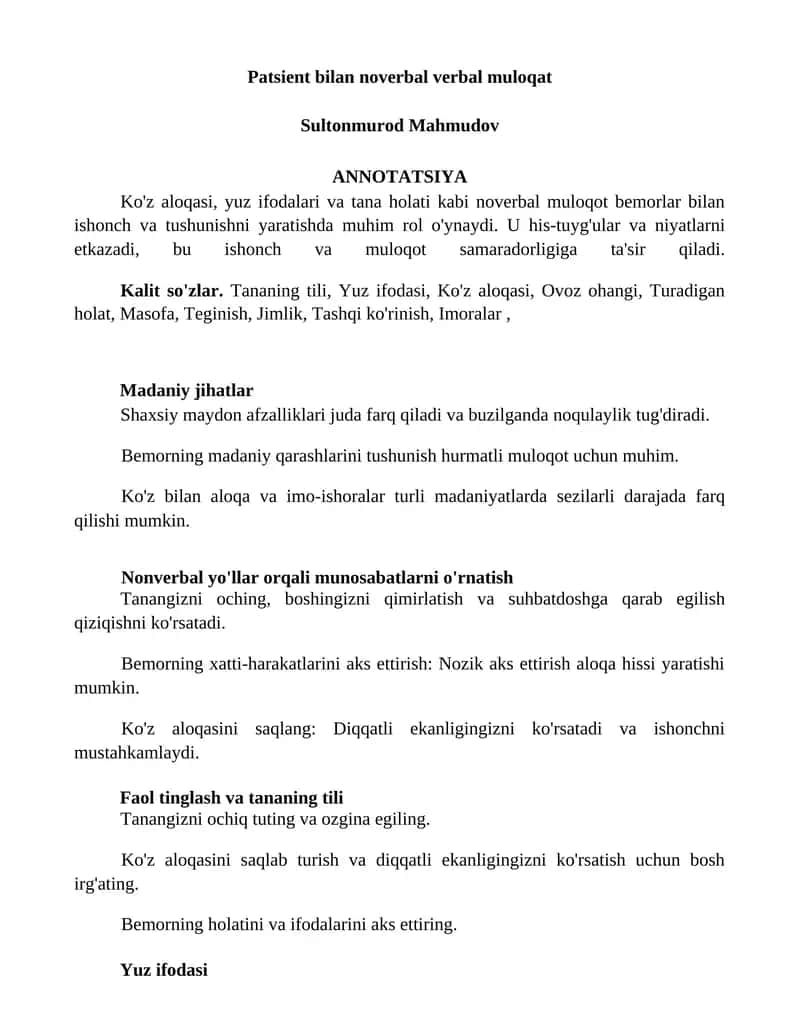Patsient bilan noverbal verbal muloqat