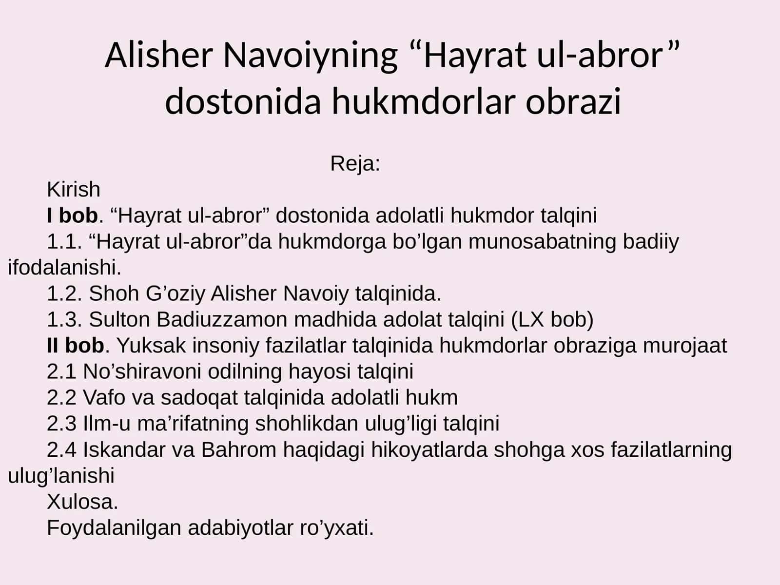 Alisher Navoiyning “Hayratul-abror” dostonida hukmdorlar obrazi