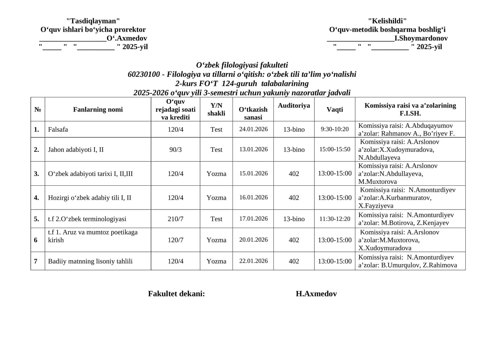 Yakuniy nazoratlar jadvali 2025-2026