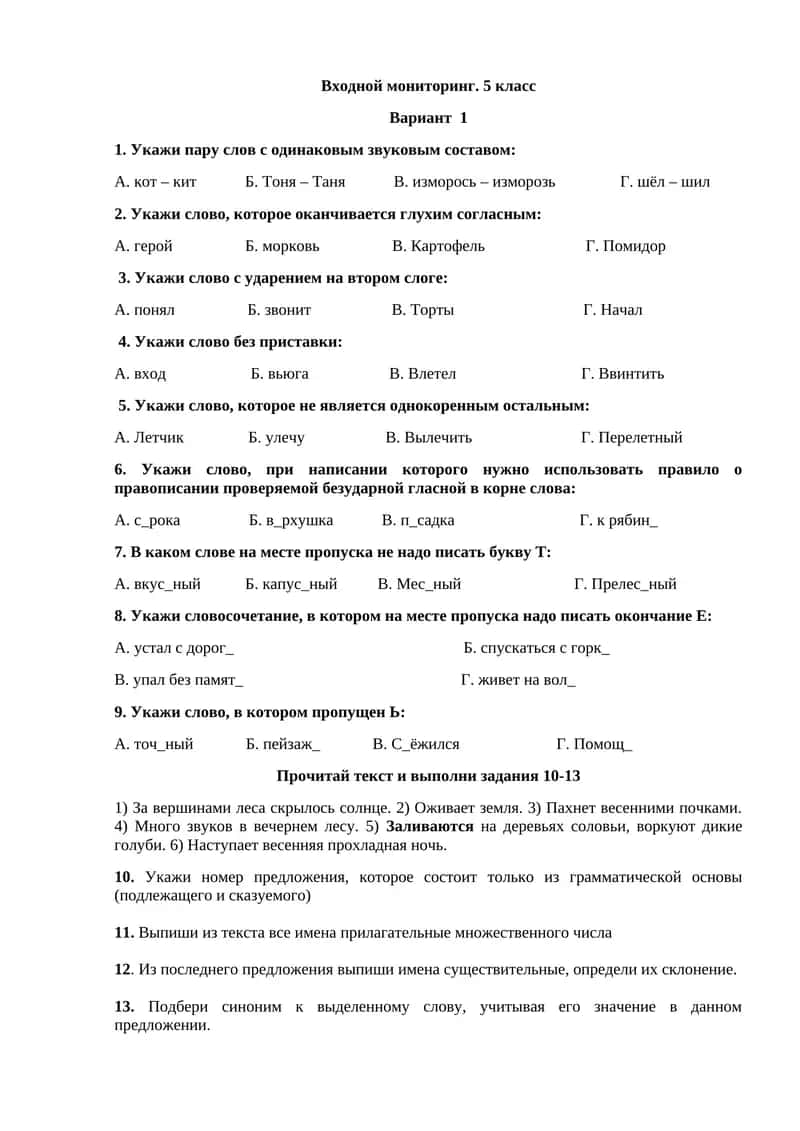 Входной мониторинг. 5 класс