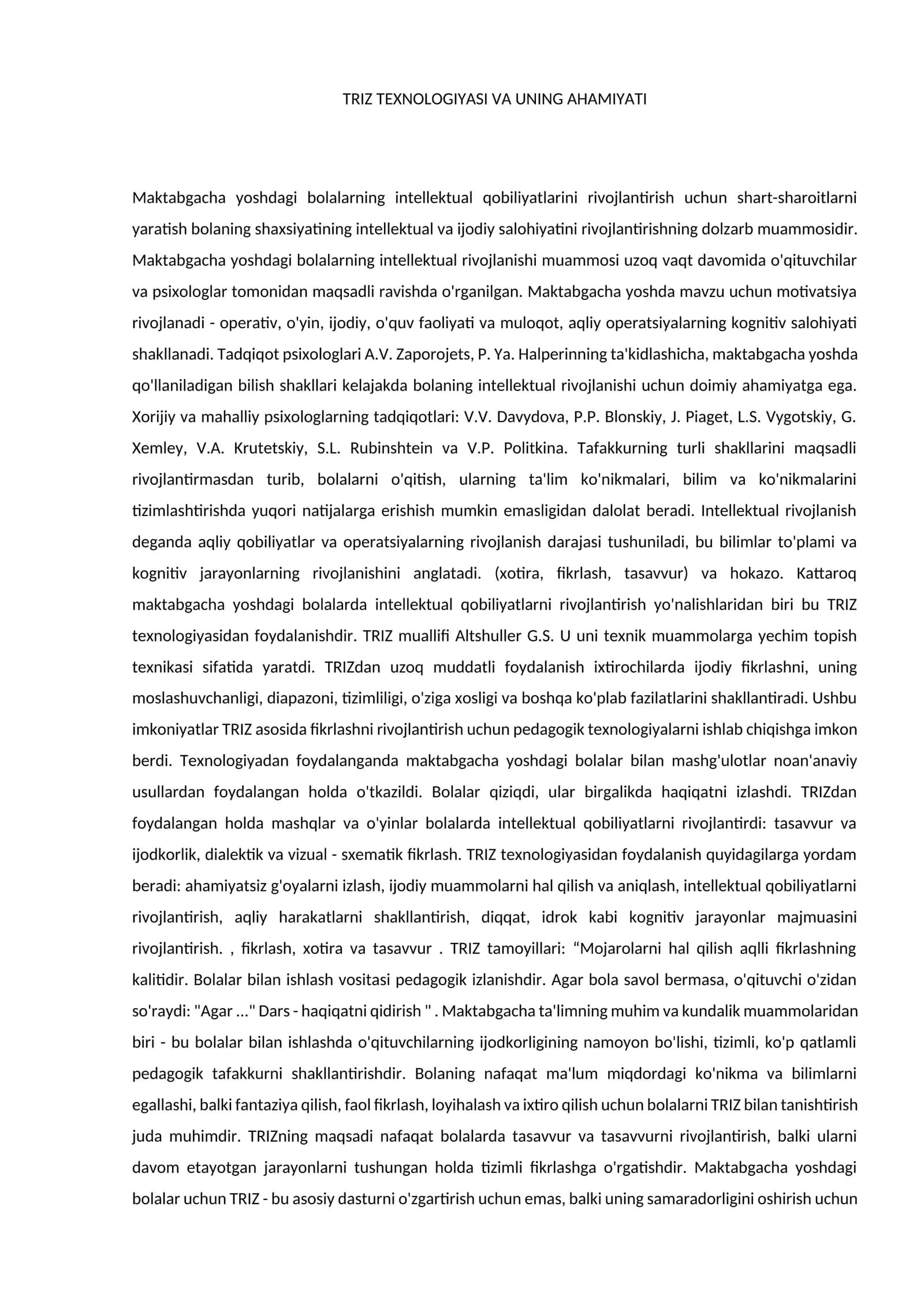 TRIZ TEXNOLOGIYASI VA UNING AHAMIYATI