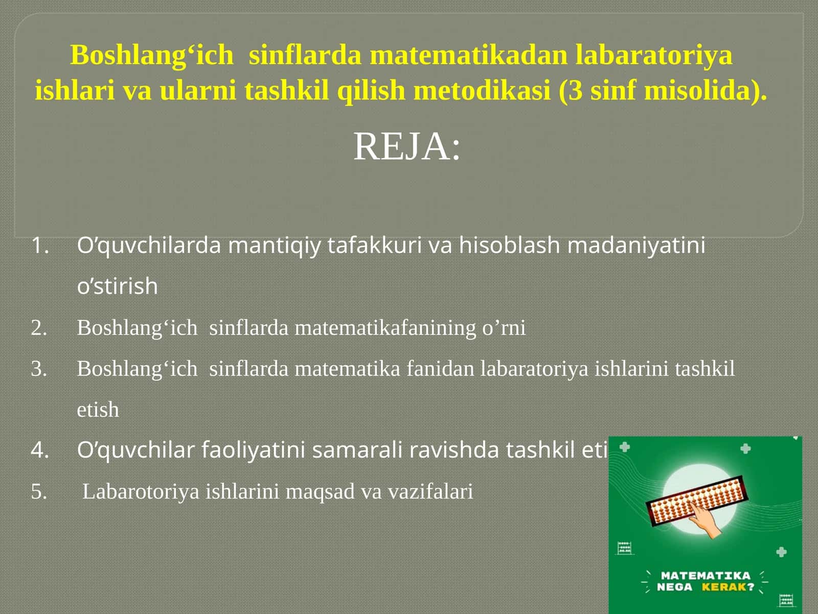 Boshlangʻich sinflarda matematikadan labaratoriya ishlari va ularni tashkil qilish metodikasi 3-sinf
