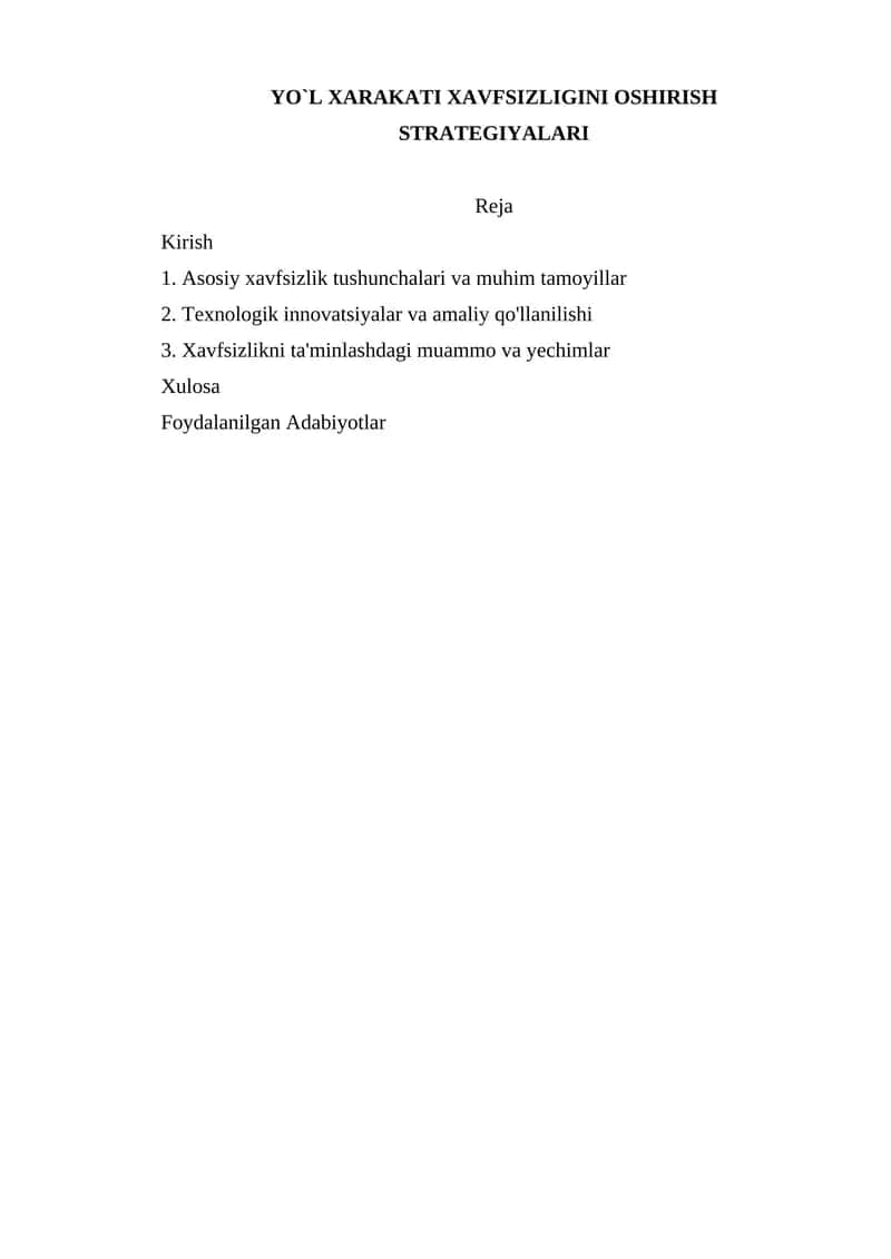 Yo`l xarakati xavfsizligini oshirish strategiyalari
