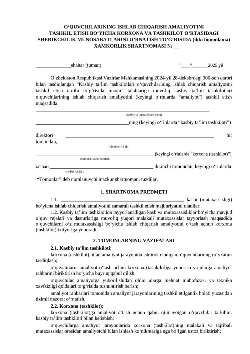 Kasbiy Ta'lim Tashkilotlari O'quvchilarining Ishlab Chiqarish Amaliyotini Tashkil Etish Tartibi