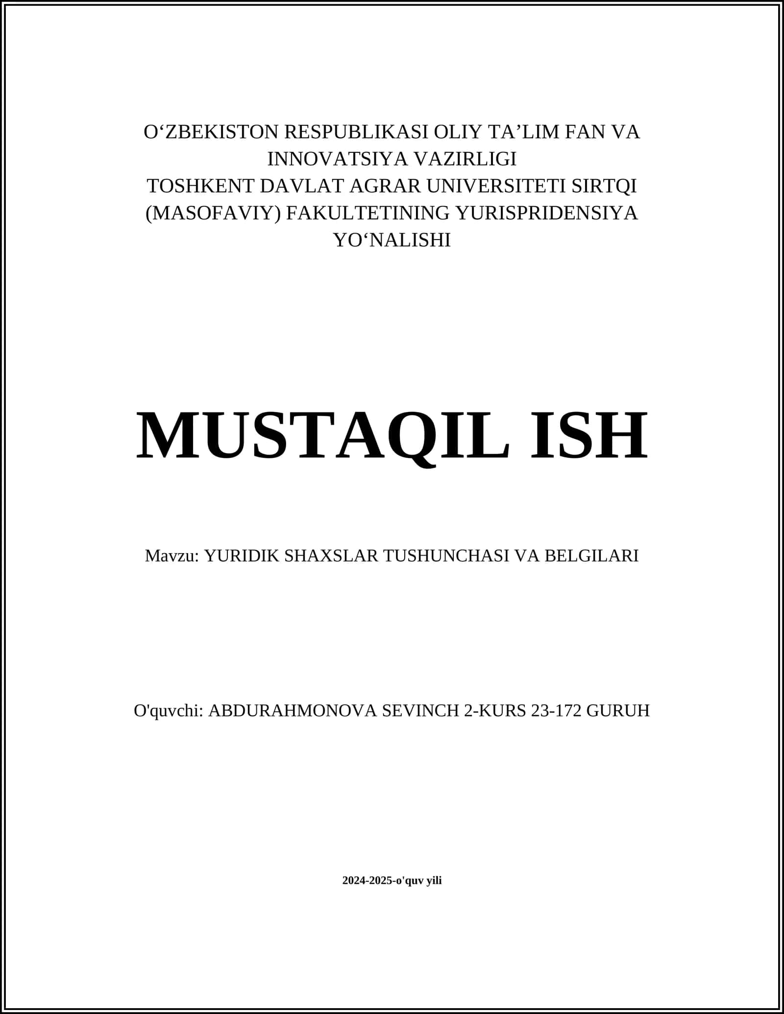 YURIDIK SHAXSLAR TUSHUNCHASI VA BELGILARI