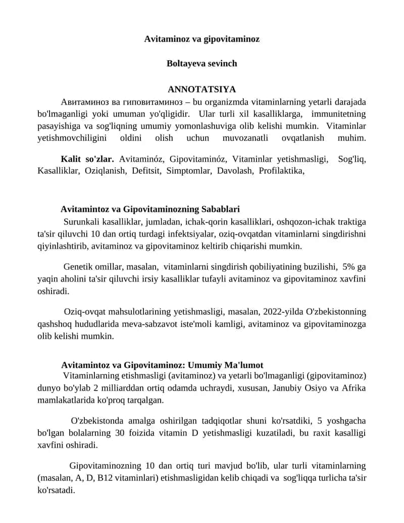 Avitaminoz va gipovitaminoz