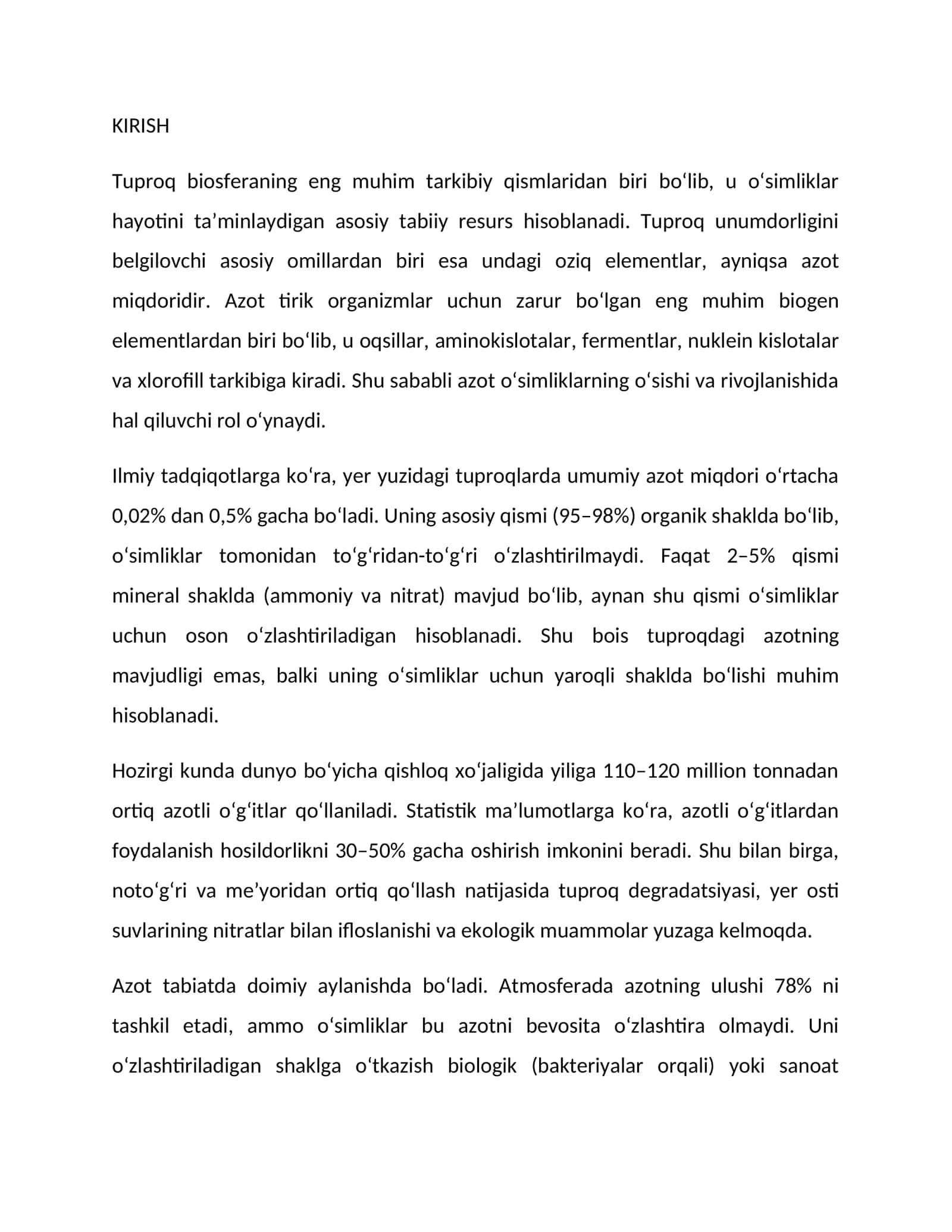 Tuproq va azotning o'simliklar hayotidagi roli