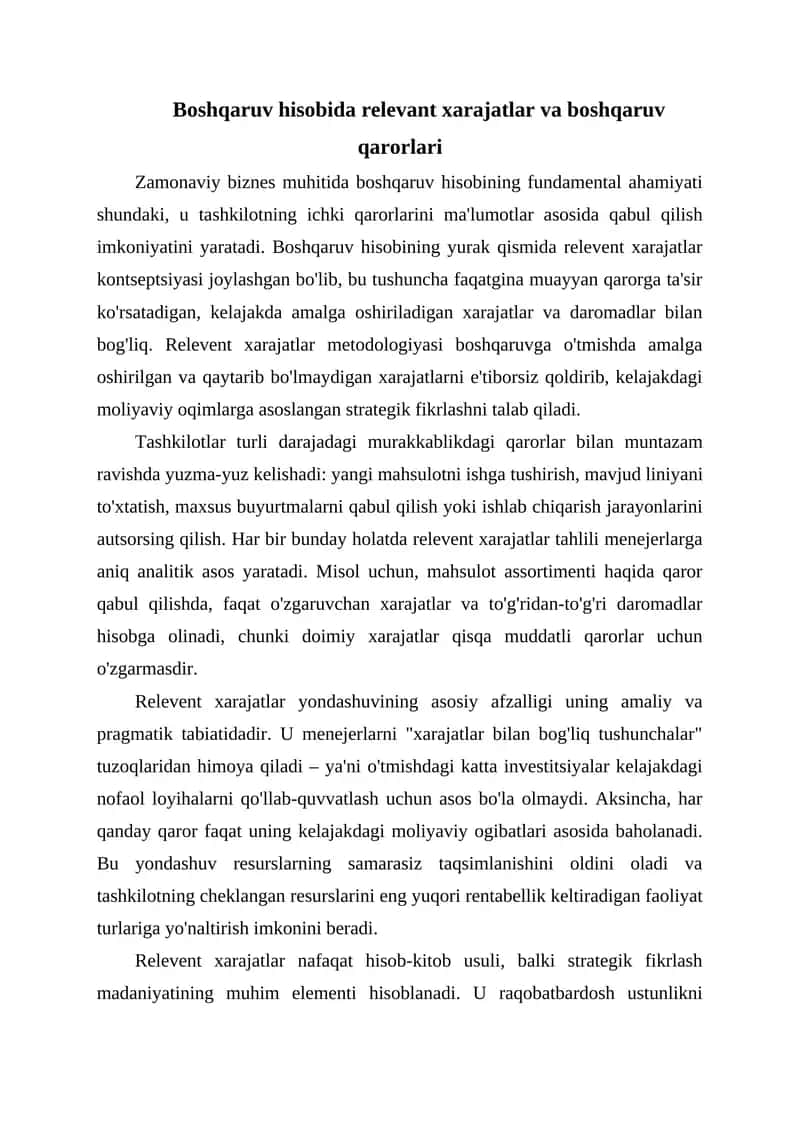 Boshqaruv hisobida relevant xarajatlar va boshqaruv qarorlari