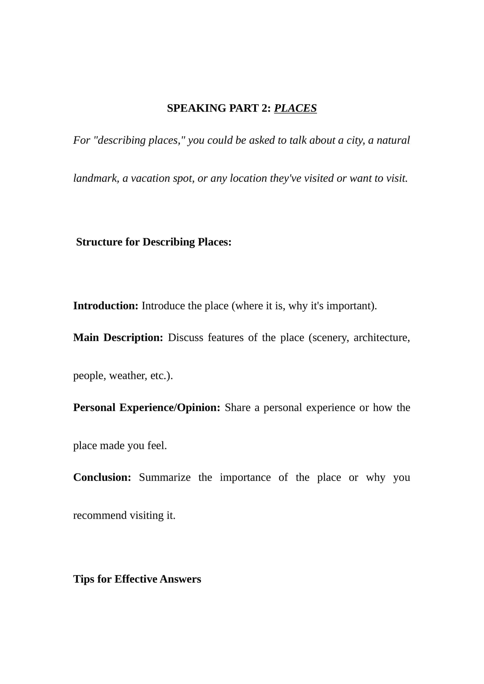 SPEAKING PART 2: PLACES