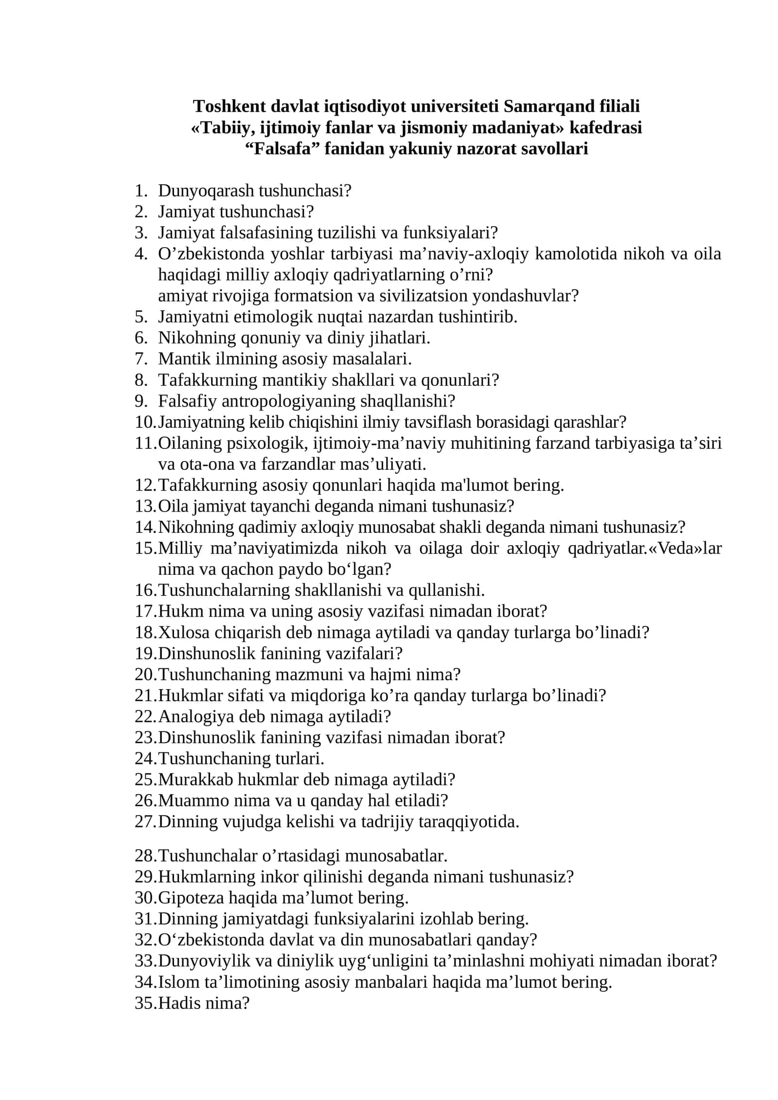 Yakuniy nazorat savollari "Falsafa" fanidan