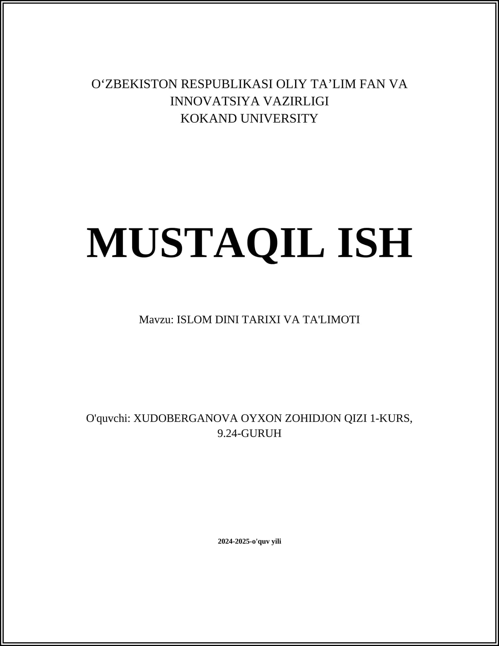 ISLOM DINI TARIXI VA TA'LIMOTI