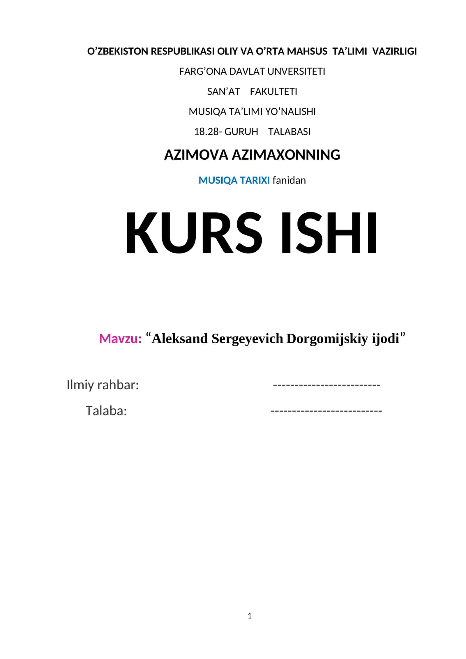 “Aleksand Sergeyevich Dorgomijskiy ijodi”
