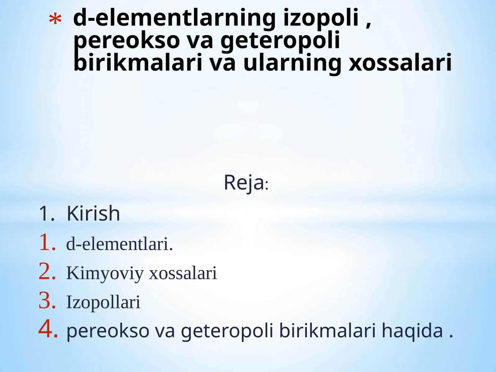 d-elementlarning izopoli , pereokso va geteropoli birikmalari va ularning xossalari
