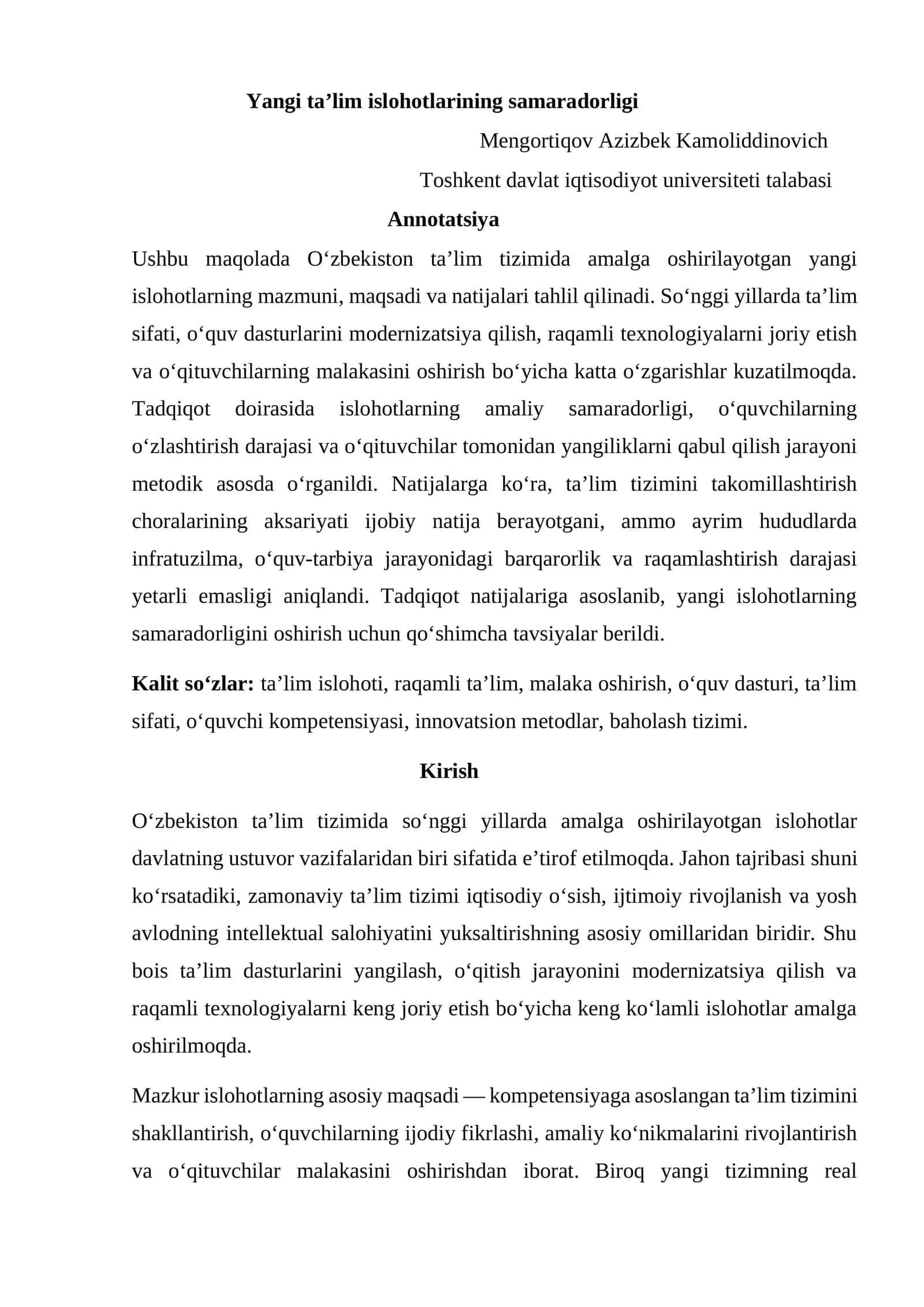 Yangi ta'lim islohotlarining samaradorligi haqida maqola