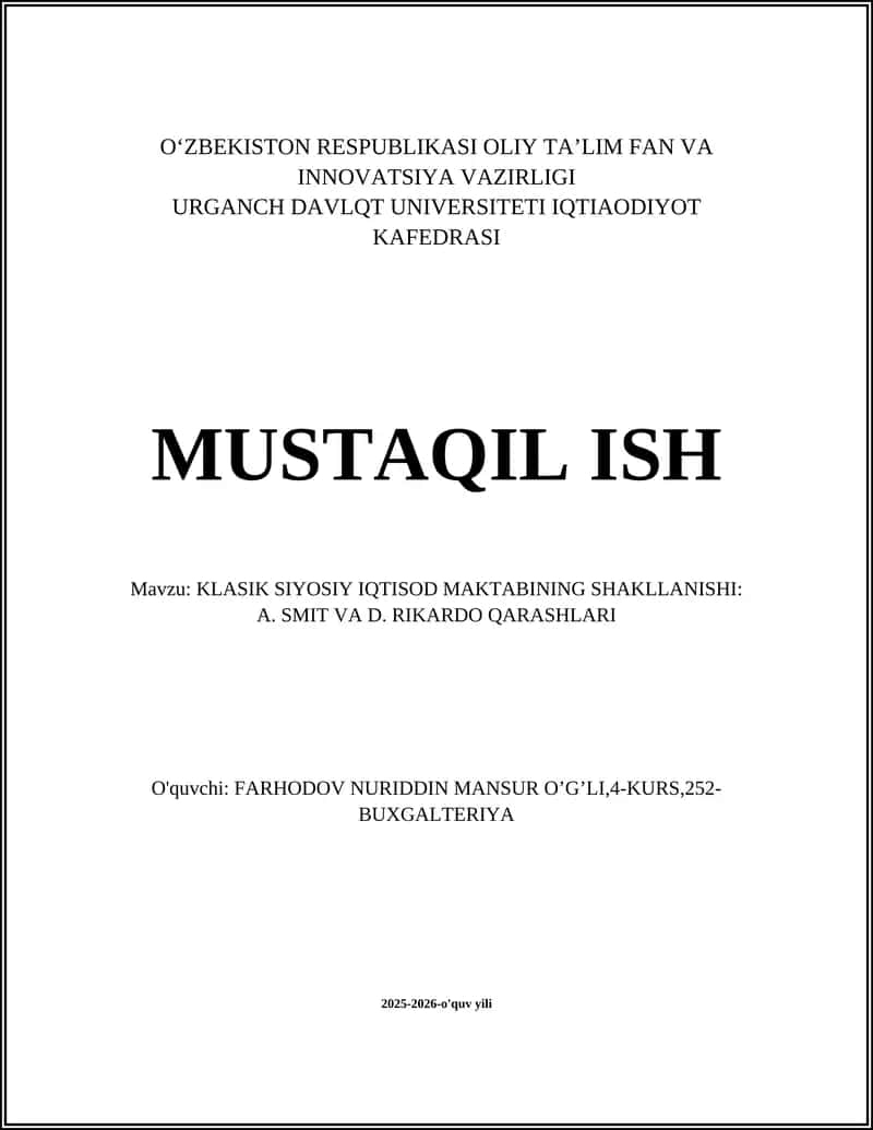 KLASIK SIYOSIY IQTISOD MAKTABINING SHAKLLANISHI: A. SMIT VA D. RIKARDO QARASHLARI