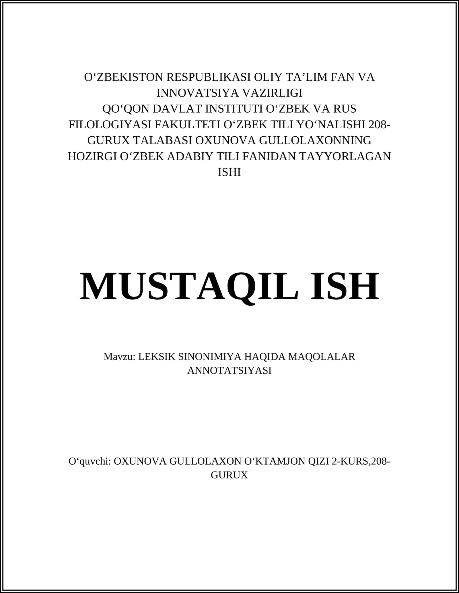 LEKSIK SINONIMIYA HAQIDA MAQOLALAR ANNOTATSIYASI