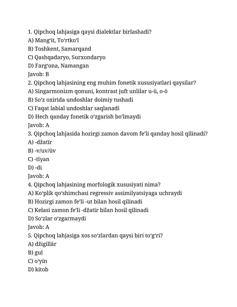 Qipchoq Lahjasi savollar to‘plami