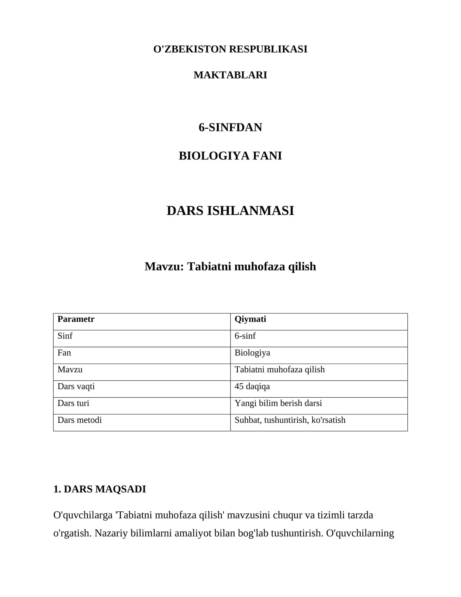 Biologiya fanidan tabiatni muhofaza qilish dars ishlanmasi