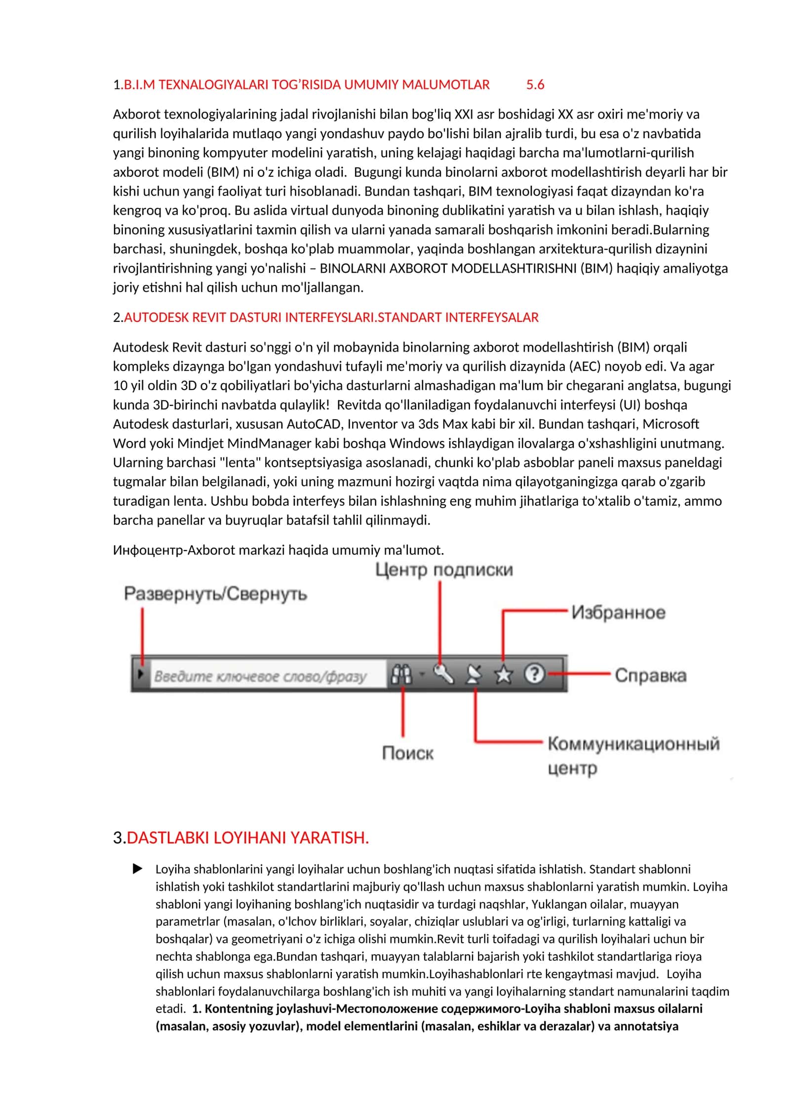 AUTODESK REVIT DASTURI INTERFEYSLARI.STANDAR