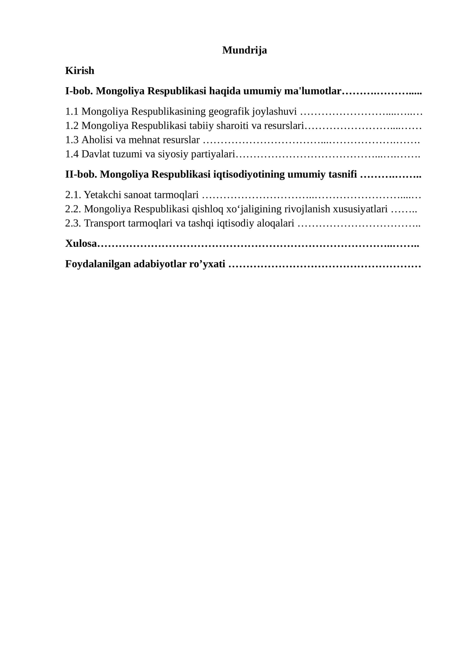 Mongoliya Respublikasi haqida umumiy ma'lumotlar