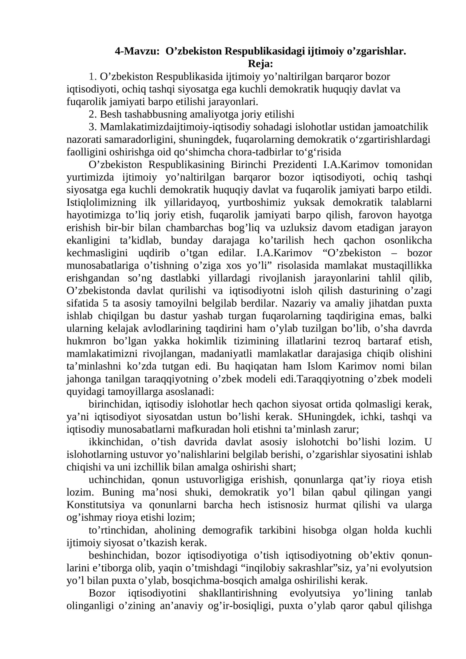 O’zbekiston Respublikasidagi ijtimoiy o’zgarishlar
