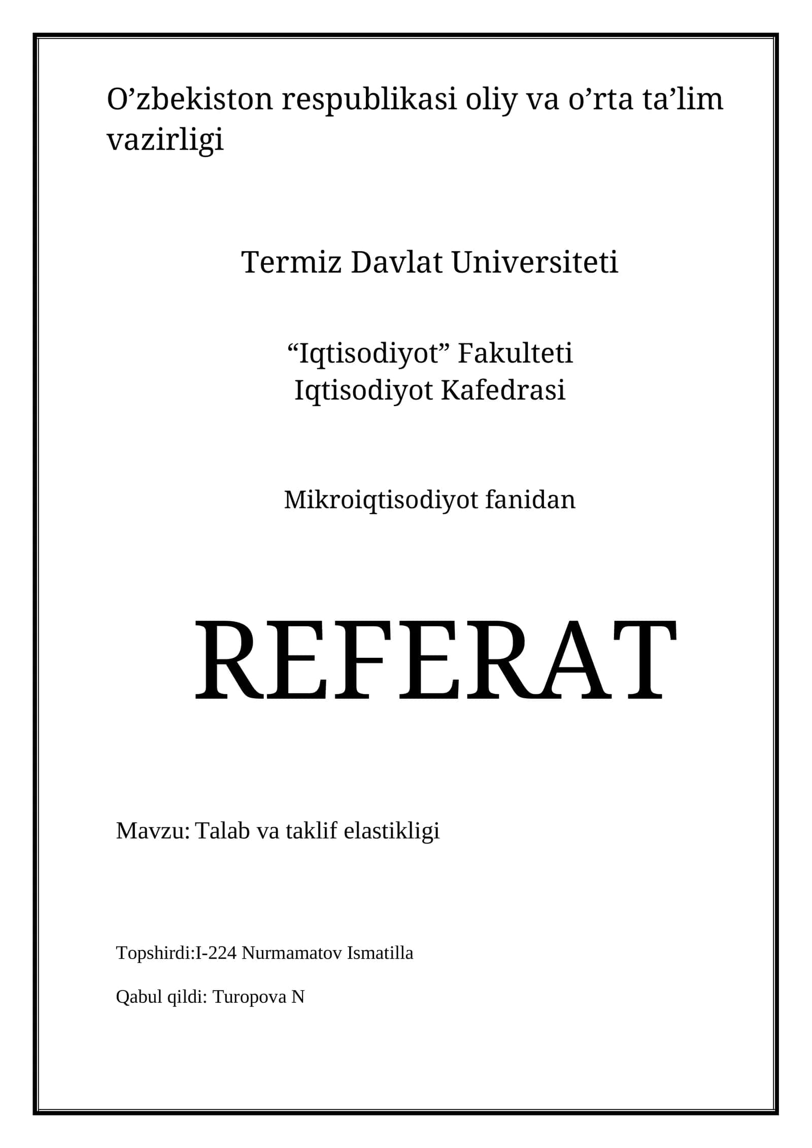 Mikroiqtisodiyot fanidan REFERAT