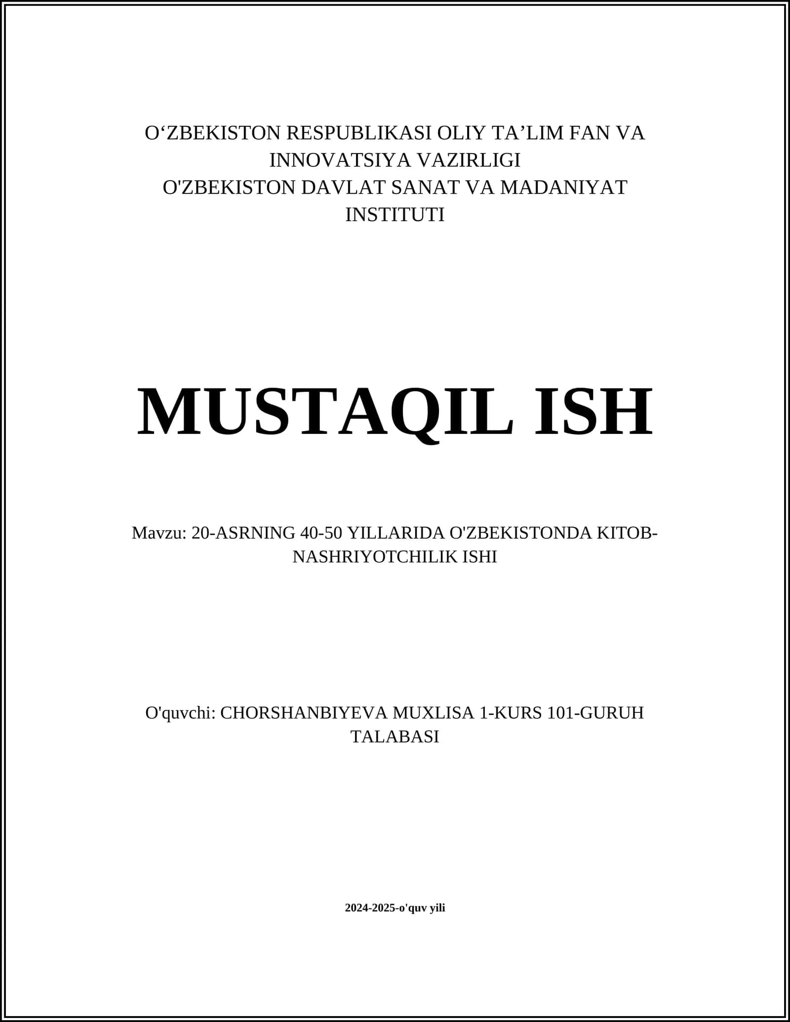 20-ASRNING 40-50 YILLARIDA O'ZBEKISTONDA KITOB- NASHRIYOTCHILIK ISHI