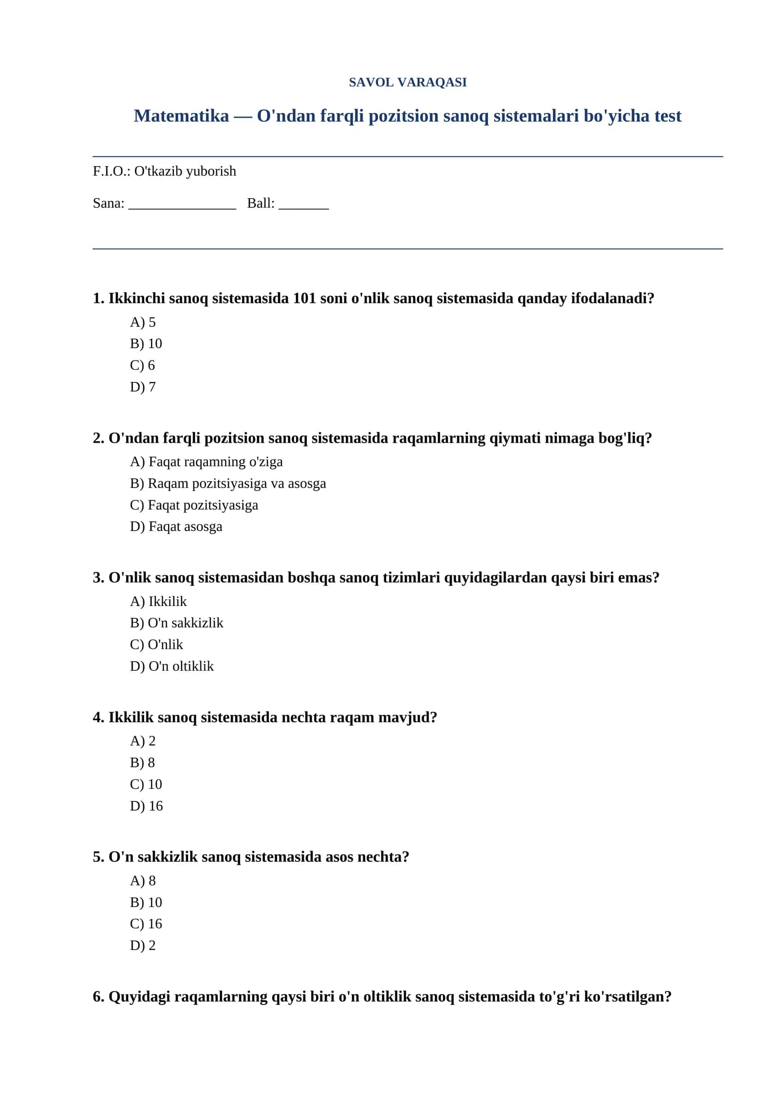 Matematika — O'ndan farqli pozitsion sanoq sistemalari bo'yicha test