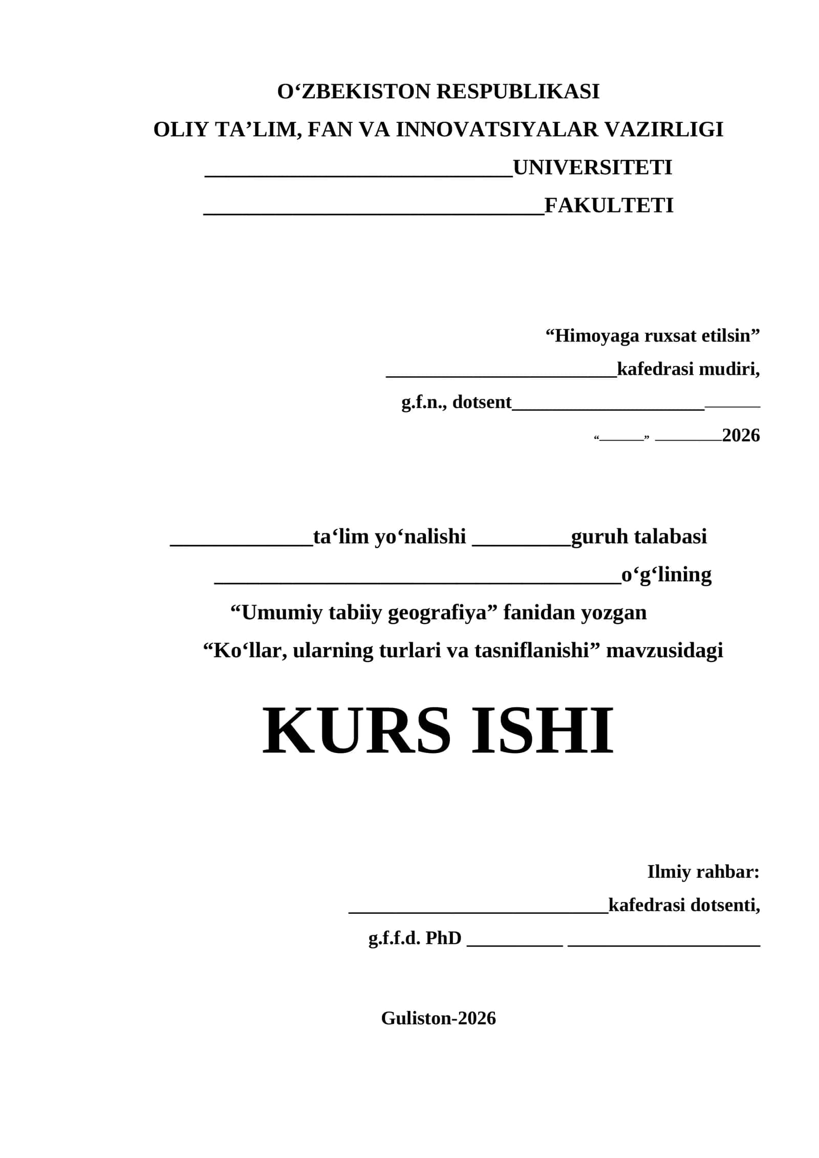 Kurs ishi. mavzu: Koʻllar, ularning turlari va tasniflanishi