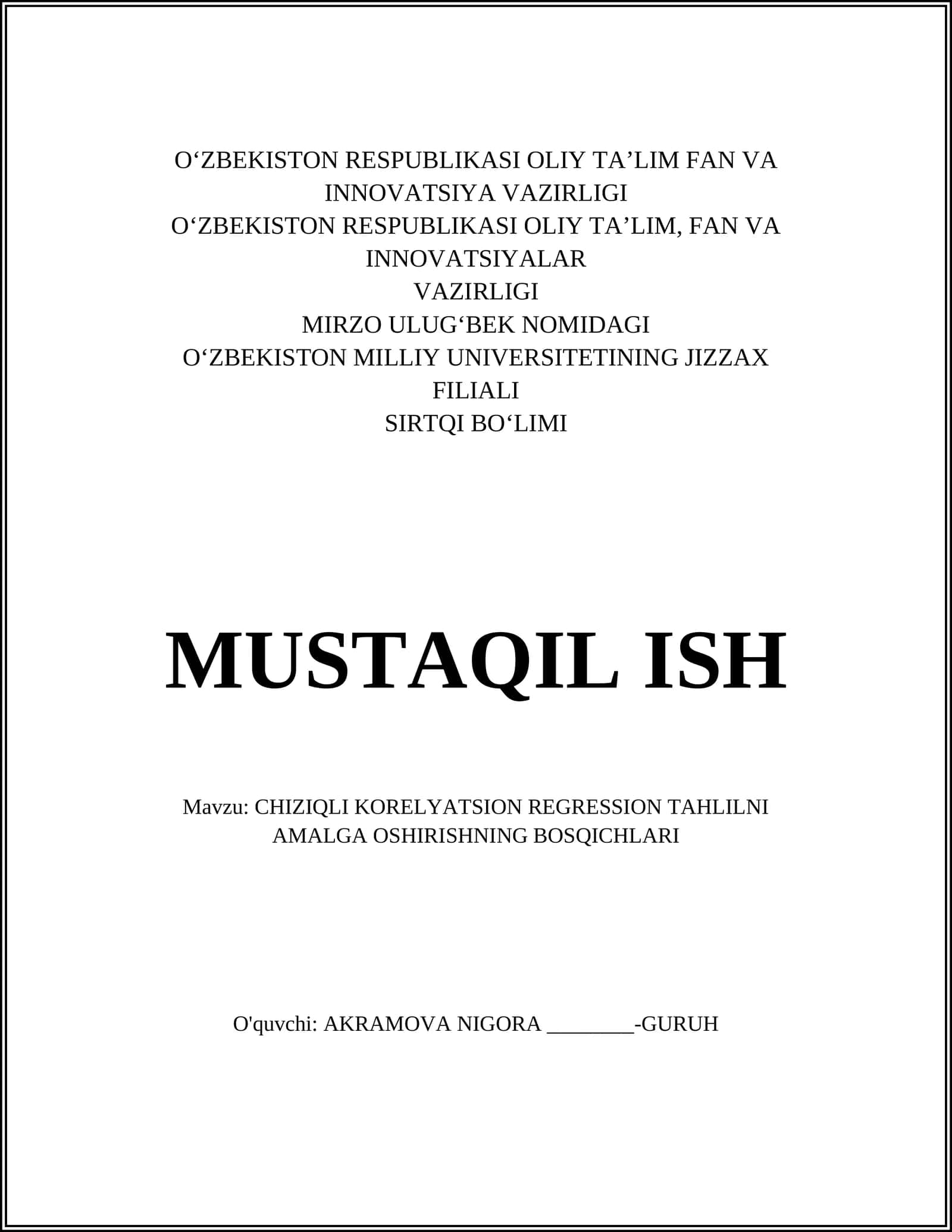 CHIZIQLI KORELYATSION REGRESSION TAHLILNI AMALGA OSHIRISHNING BOSQICHLARI