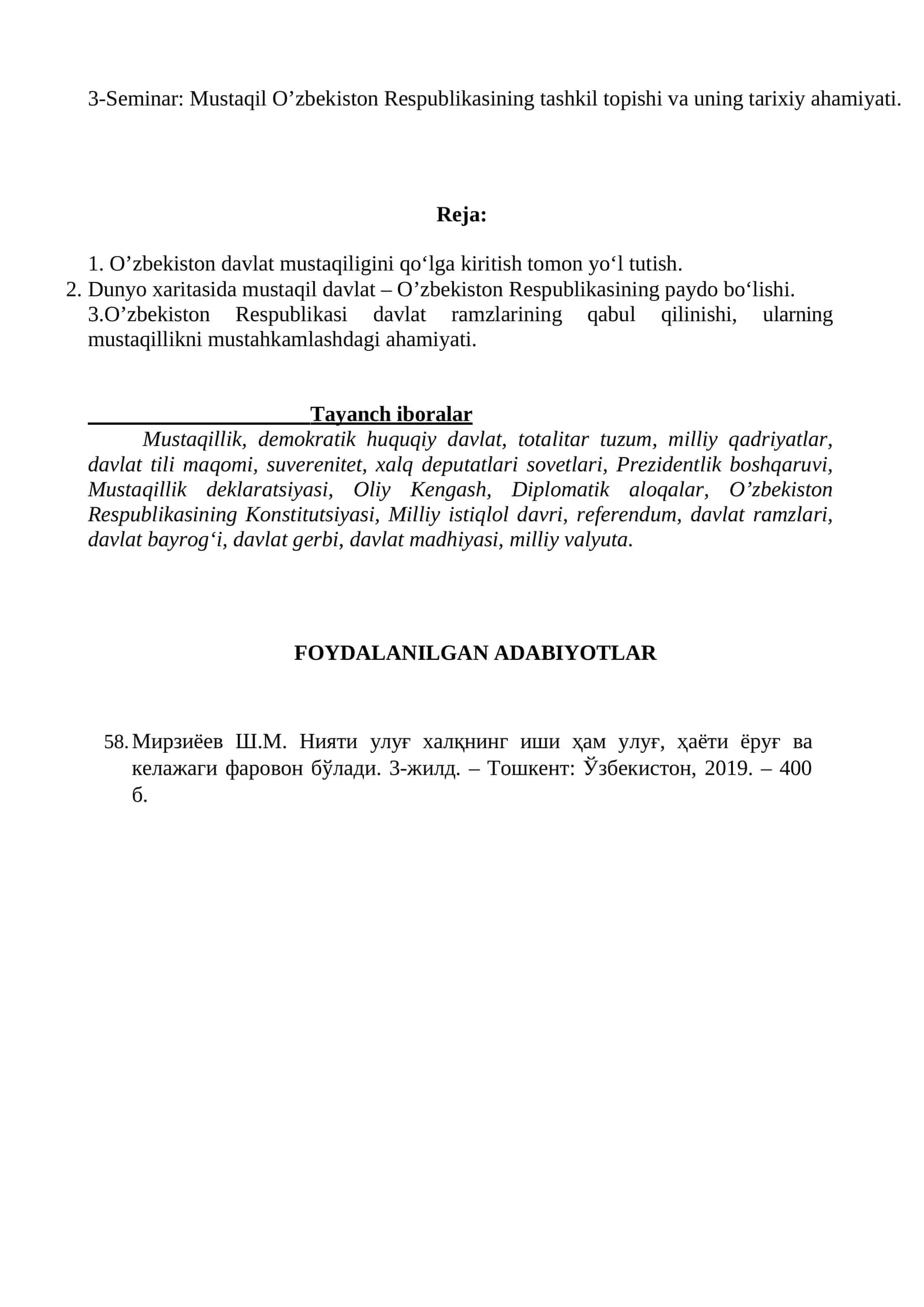 Seminar: Mustaqil O’zbekiston Respublikasining tashkil topishi va uning tarixiy ahamiyati