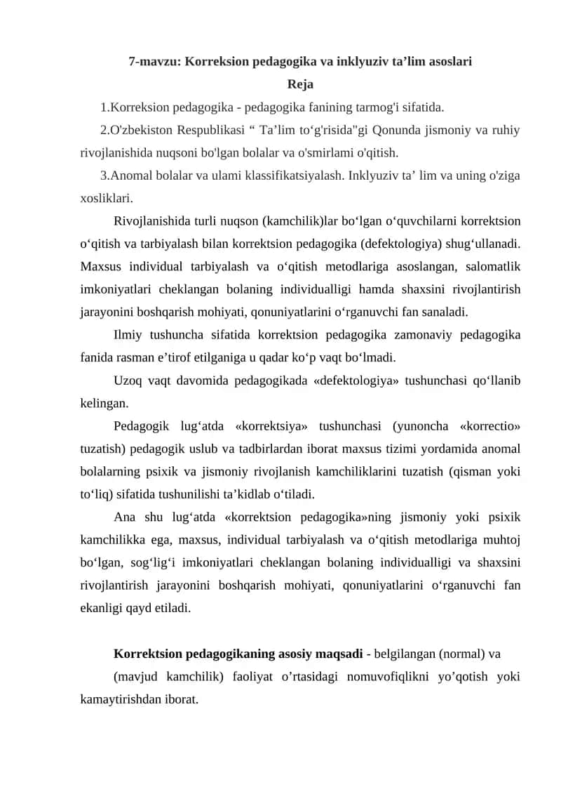 Korreksion pedagogika va inklyuziv ta’lim asoslari