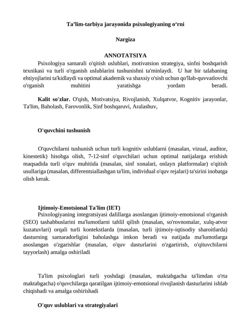 Psixologiya O'qitish Usullari