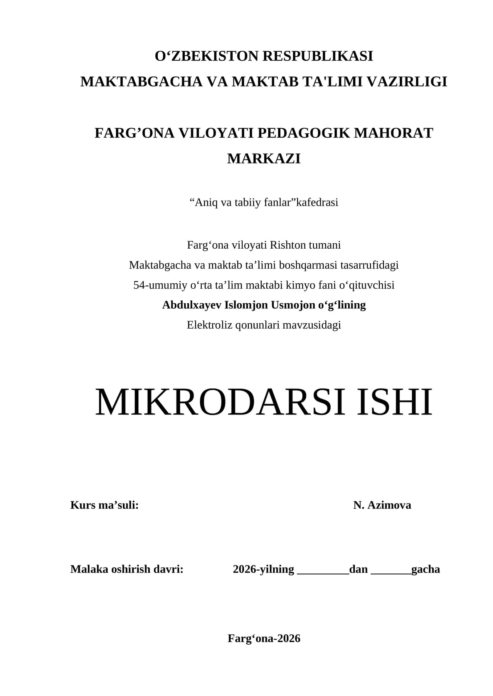 Elektroliz qonunlari mavzusida mikrodars ishlanmasi