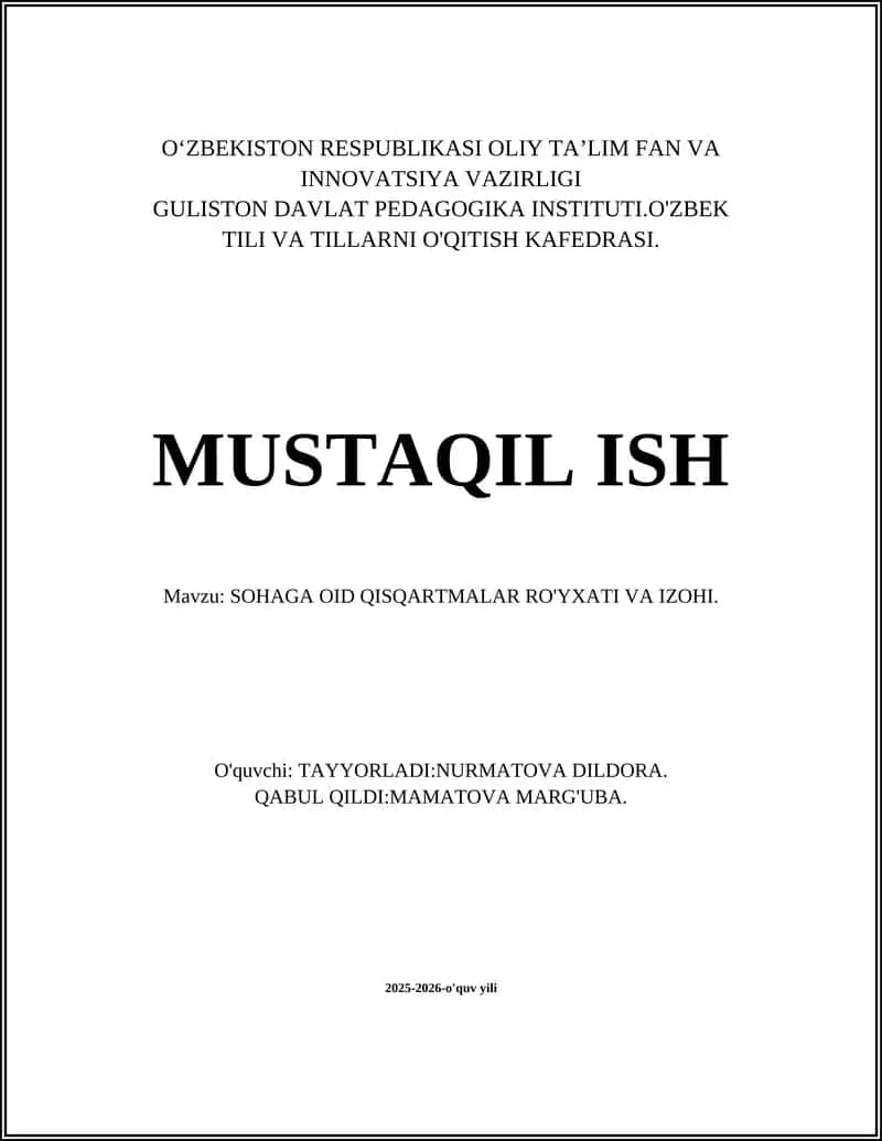 SOHAGA OID QISQARTMALAR RO'YXATI VA IZOHI