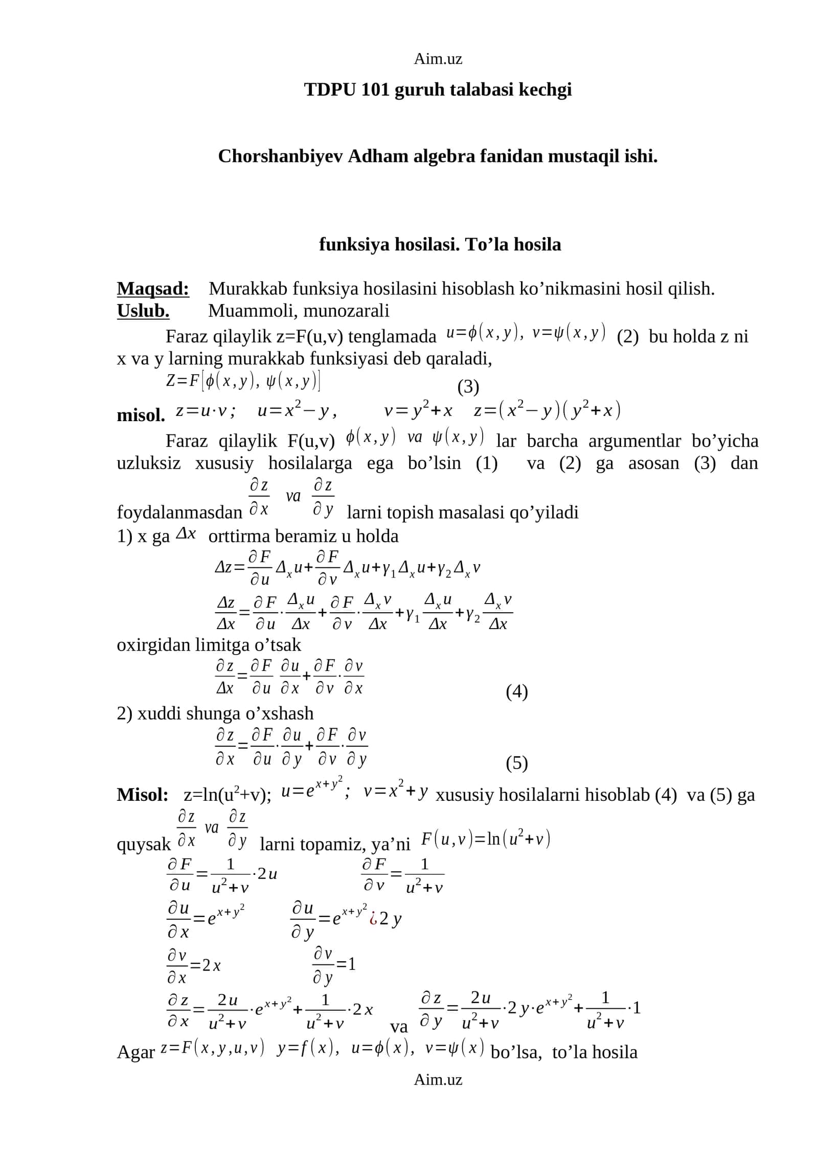 Algebra fanidan mustaqil ishi