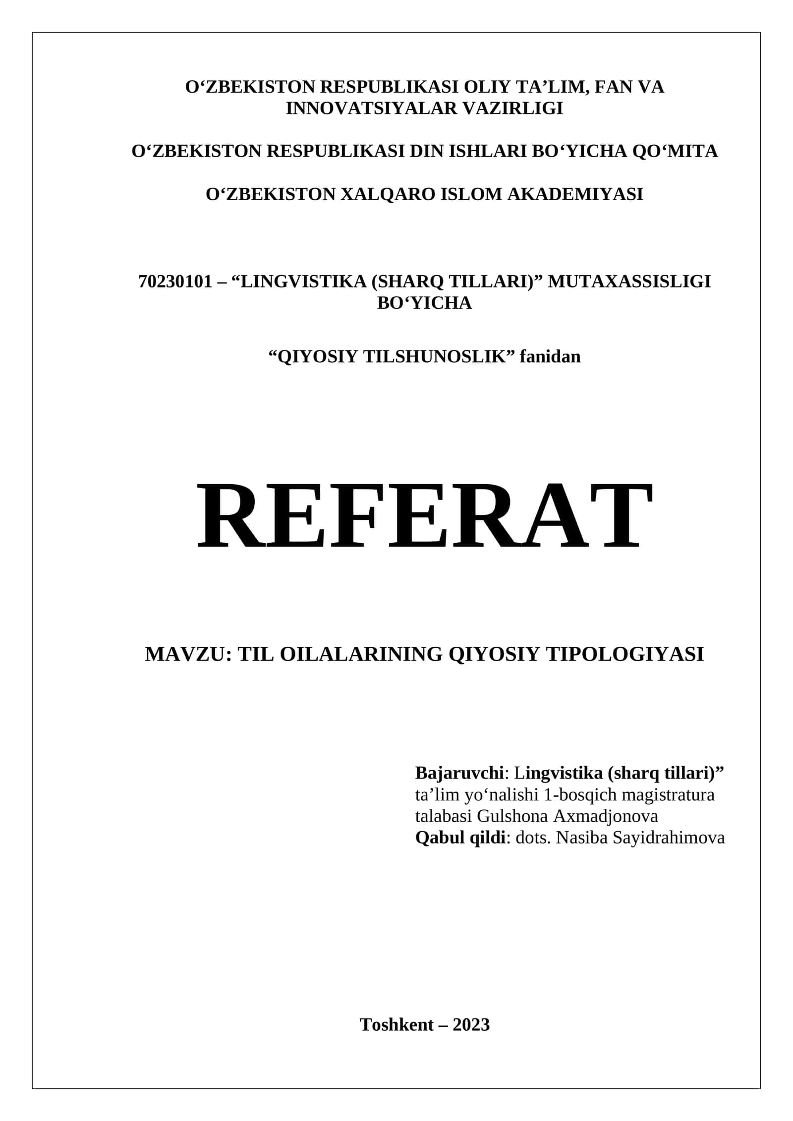 REFERAT Til oilalarining qiyosiy tipologiyasi