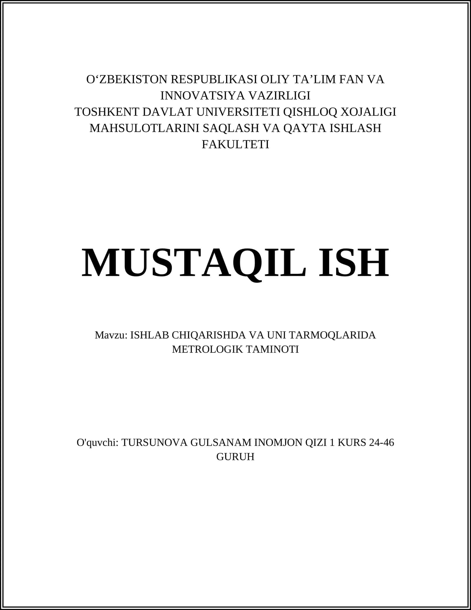 ISHLAB CHIQARISHDA VA UNI TARMOQLARIDA METROLOGIK TAMINOTI
