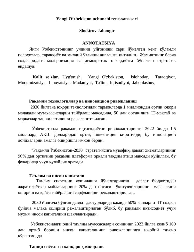 Yangi Oʻzbekiston uchunchi renessans sari