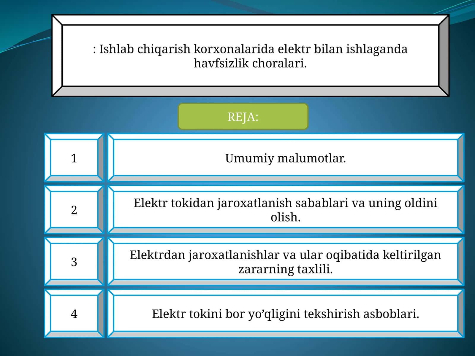 Elektr bilan ishlovchi havfsizlik choralari