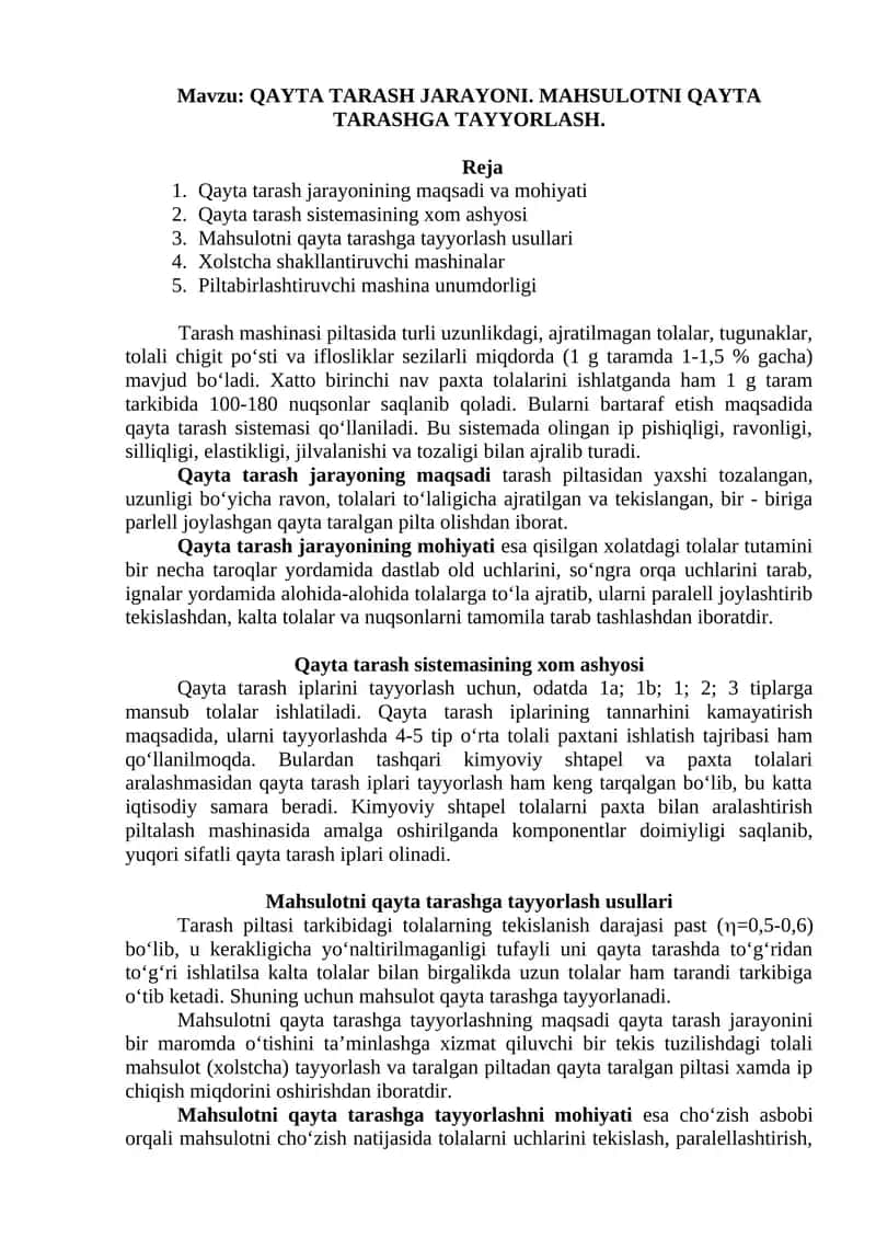 QAYTA TARASH JARAYONI. MAHSULOTNI QAYTA TARASHGA TAYYORLASH
