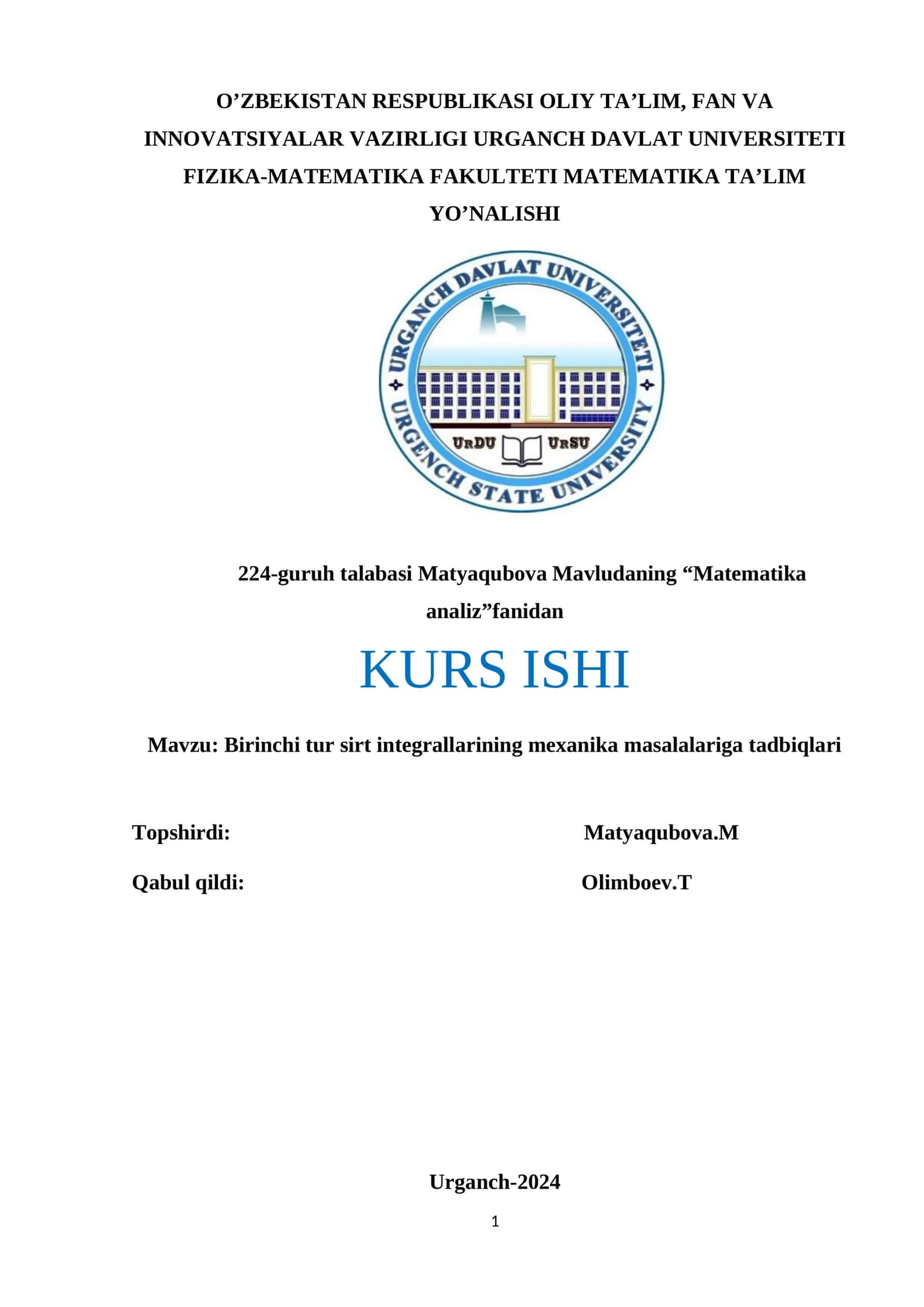 Birinchi tur sirt integrallarining mexanika masalalariga tadbiqlari