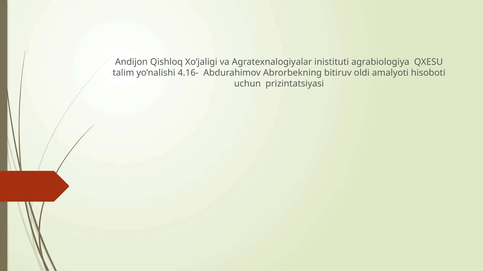 Abdurahimov Abrorbekning bitiruv oldi amalyoti hisoboti uchun prizintatsiyasi