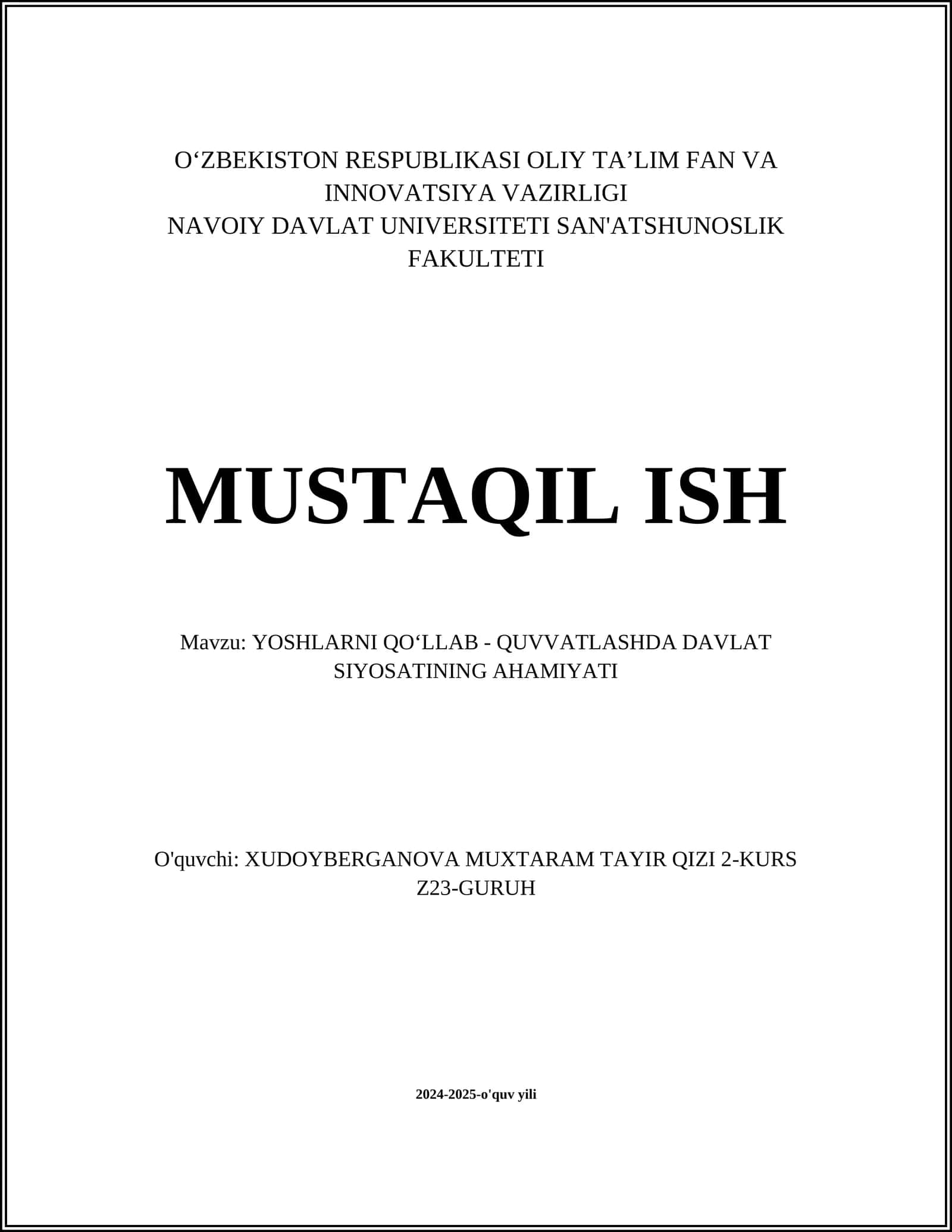 YOSHLARNI QOʻLLAB - QUVVATLASHDA DAVLAT SIYOSATINING AHAMIYATI