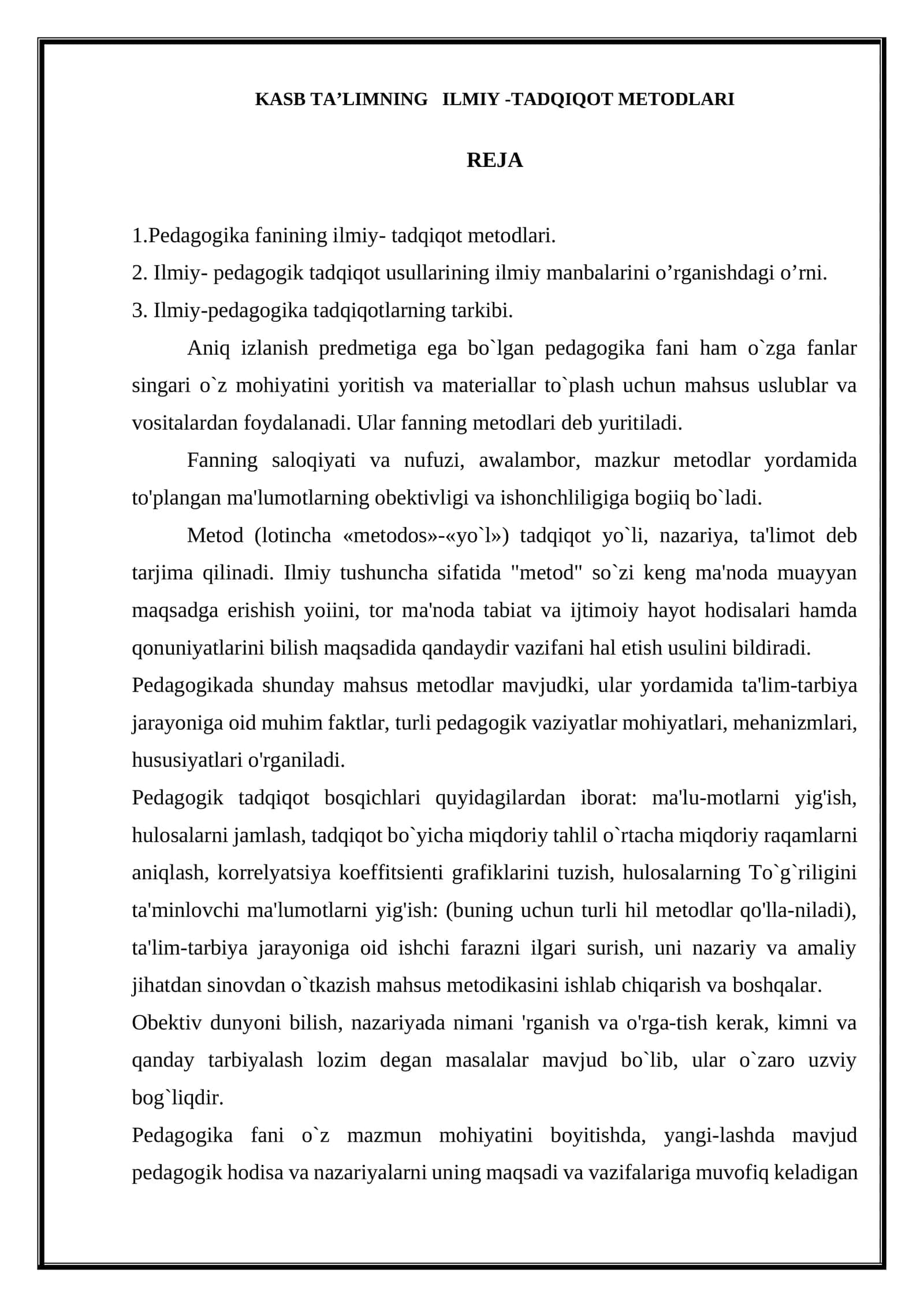 KASB TA’LIMNING ILMIY-TADQIQOT METODLARI